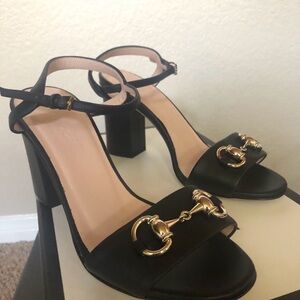 Gucci Horseshoe Bit Black Leather Block-Heel Sandals with Gold Horsebit